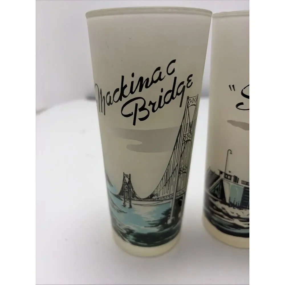 3 Vintage Michigan Souvenir Frosted Glasses Tumblers Mackinac Bridge UZ4